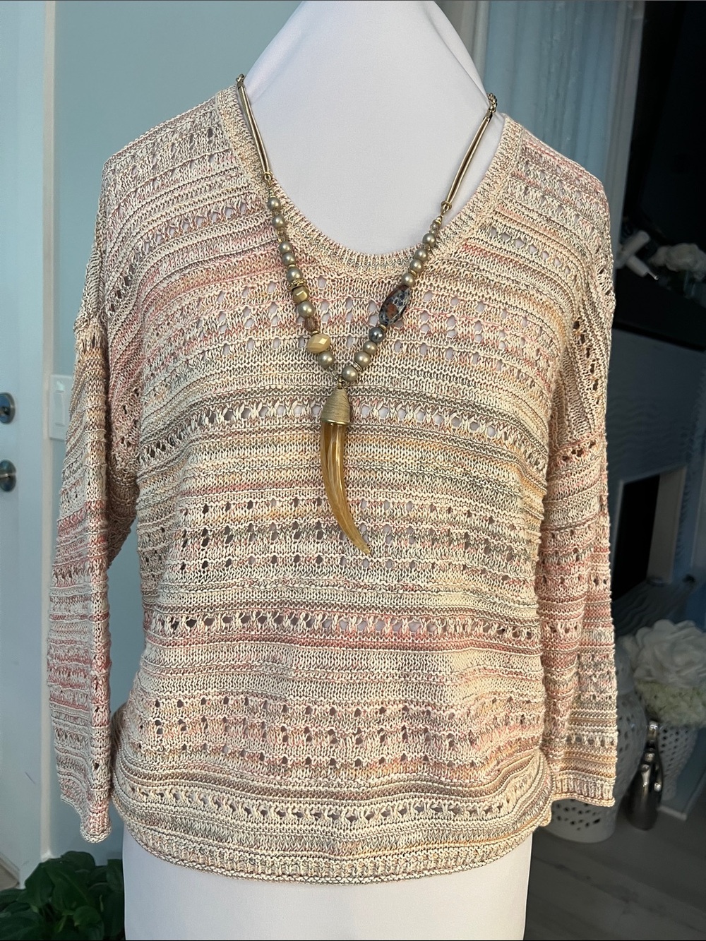 LOFT Open-Knit Pullover in Cream and Blush